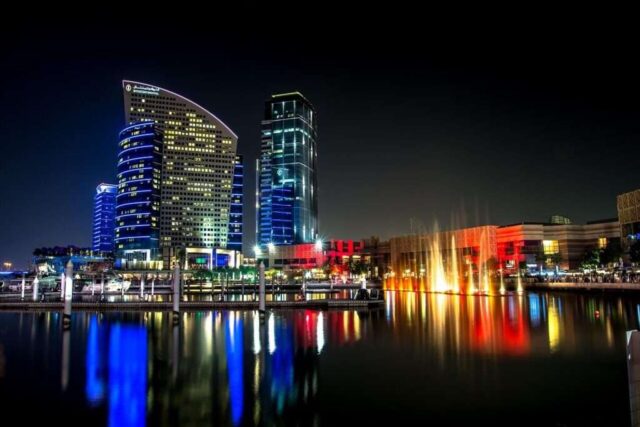 buildings, city, lake, city lights, illuminated, skyscrapers, skyline, cityscape, nature, reflection, water reflection, mirroring, night photography, dubai, night, water, modern, architecture, high-rise