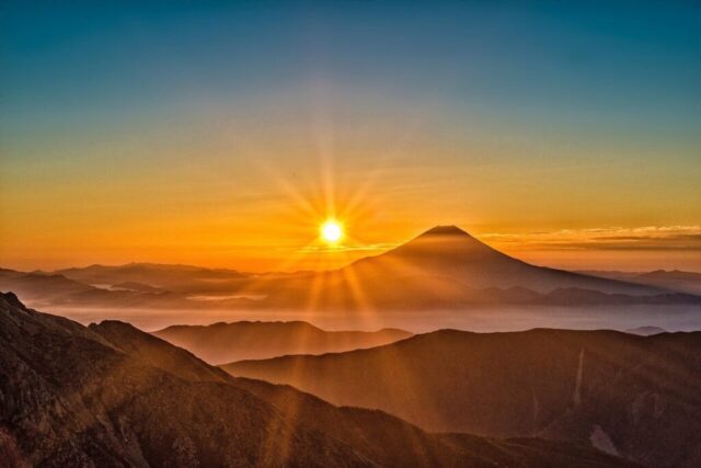 mount fuji, japan, volcano, mountain, mountains, nature, mystery, sunrise, sunlight, landscape, natural