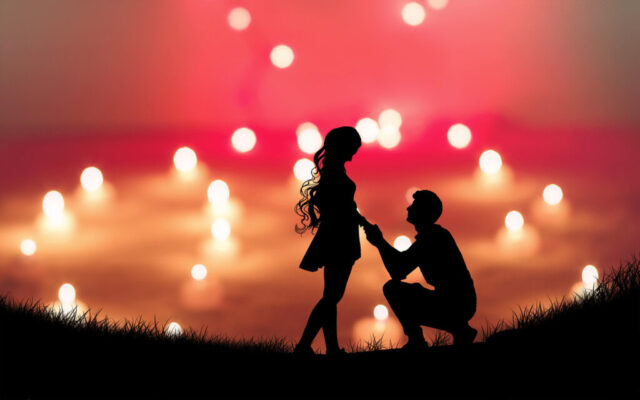 love, in love, proposal, silhouette, couple in love, romantic, romance, couple, heart, engagement, marriage proposal, valentine's day, happiness, bokeh, feelings, girl, woman, boy, man, red, hd wallpaper, wallpaper for girls, love wallpaper, background, wallpaper