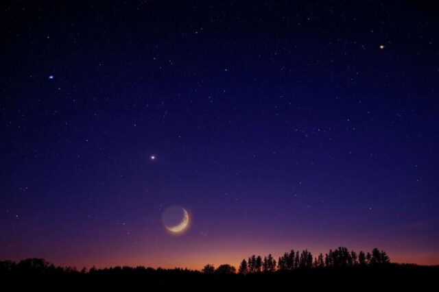 heaven, stars, moon, venus, universe, night, night sky, nature, trees