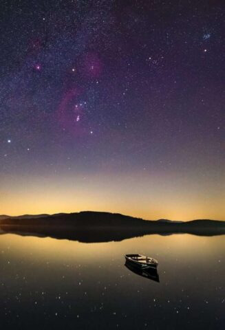 lake, nature, boat, night, stars, sky, water, reflection, hill, silhouette, evening, dark, orion, astronomy, dream, night sky, silent, scenic, aesthetic wallpaper, phone wallpaper