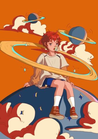 girl, planets, anime, character, clouds, nature, space, woman, young
