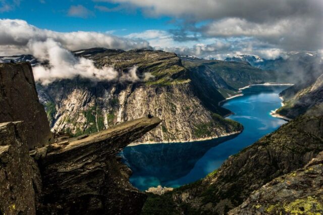 water, trolltunga, nature, ringedalsvannet, norway, mountain, landscape, the nature of the, clouds, skjeggedal