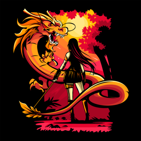 dragon, katana, woman, nature, fantasy, sword, war, anime, forest