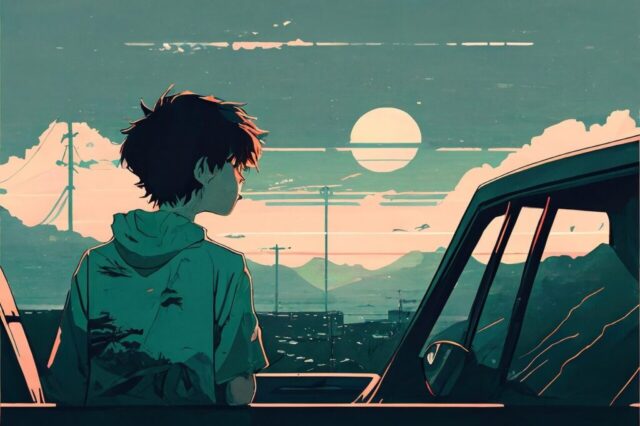 ai generated, man, car, anime, wallpaper, minimal, people, background, sunrise, manga, nature, cityscape, urban, chill, relax, landscape