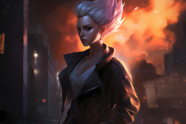 ai generated, woman, urban, city, fire, action, adventure, hero, martial arts, powerful, dynamic, stylish, artistic, battle, anime art, anime style, fantasy, anime character, art wallpaper
