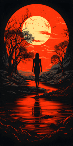 ai generated, woman, sunset, lake, minimalist, nature, abstract, artwork, aesthetic, forest, water, sun, moon, night, clouds, person, mountains, landscape