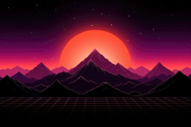 sunset, glowing, massive sun, orange-red, surreal landscape, jagged mountains, deep purple sky, fiery red horizon, stars, night sky, grid pattern, foreground, 80s synthwave aesthetic, vaporwave, nature, mystery, otherworldliness, abstract, adventure, bokeh, cloud, colorful, countryside, dawn, detail, ai generated