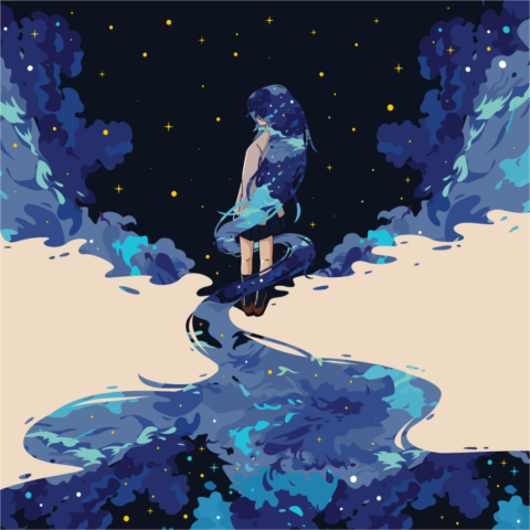 girl, nature, clouds, stars, art, calm, anime, drawing