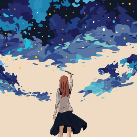 girl, clouds, stars, art, calm, nature, anime, drawing