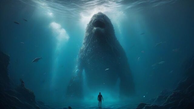 Photo by cocodillaa.com ai generated, godzilla, creature, ocean, abyss, fantasy, fear, deep, depth, scary, dream, nightmare, horror, dark, underwater, evil, mysterious, mystery, darkness, monster, giant, predator, radiation, nature, man, diver