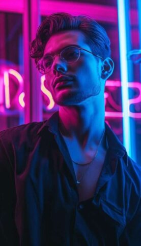 ai generated, man, neon, lights, night, reflective, urban, atmosphere, futuristic, aesthetic, introspective, cyberpunk, glow, street, fashion, party, nightlife, portrait