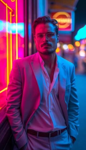 ai generated, man, neon lights, night, portrait, mood, urban, atmosphere, futuristic, aesthetic, introspective, vivid, colorful, cyberpunk, vibe, glow, street, fashion