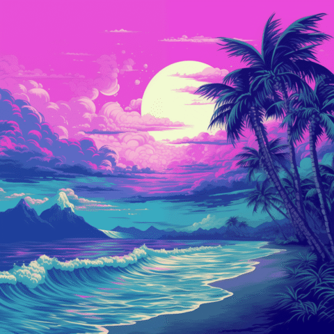 ai generated, island, tropical, waves, palm trees, night, moon, vaporwave, creative, distortion, synth wave, aesthetic, neon, cloud, palm, beach, sea, ocean, landscape, vaporwave, vaporwave, vaporwave, vaporwave, vaporwave, neon