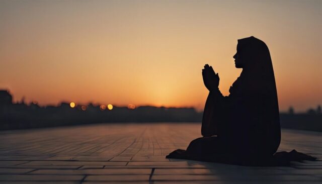 Photo by Cocodillaa.com ai generated, woman, silhouette, praying, eid al fitr, eid mubarak, pray, person, nature, mosque, religion, prayer, worship, ramadhan, banner, afternoon, sunset, eid, islamic, moslem, belief, worship place, faith, evening, background