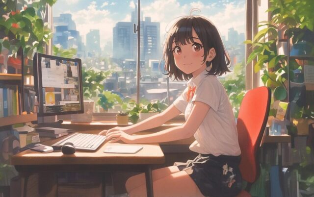 ai generated, girl, desk, office, computer, work, anime
