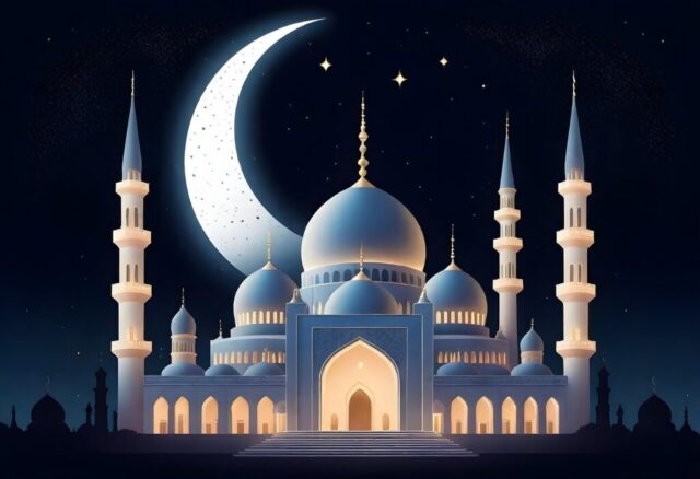 Photo by Cocodillaa.com ai generated, mosque, building, islam, islamic, muslim, architecture, dome, ramadan, eid, nature, quran, night sky, minaret, sky, moon, holy week, ramadan mubarak, silhouette