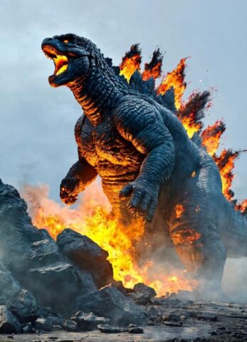 Photo by cocodillaa.com ai generated, godzilla, monster, mountains, nature, fire