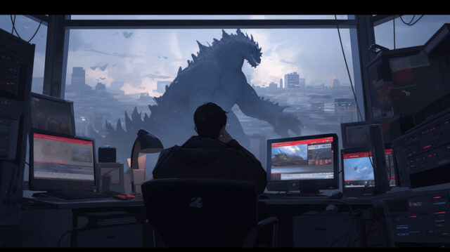 ai generated, godzilla, lizard, reptile, monster, sky, computer, city, geek, nature, destruction, asia