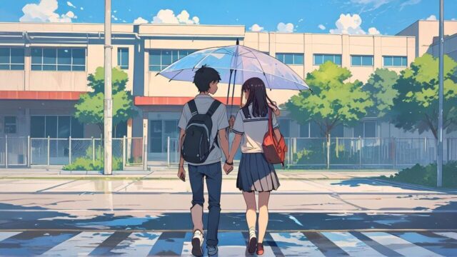 ai generated, couple, umbrella, lover, anime, thumbnail, student, school, rear, anime, anime, anime, anime, anime