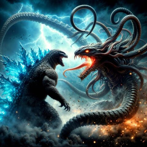 Photo by cocodillaa.com monster, kaiju, godzilla, titan, echse, dinosaurier, kreatur, gigant, kampf, drache, krieg, zweikampf, alien, konflikt, energie, bestie, reptil, horror, ungeheuer, raubtier, fantasie, science fiction, riese, hintergrund, ai generated