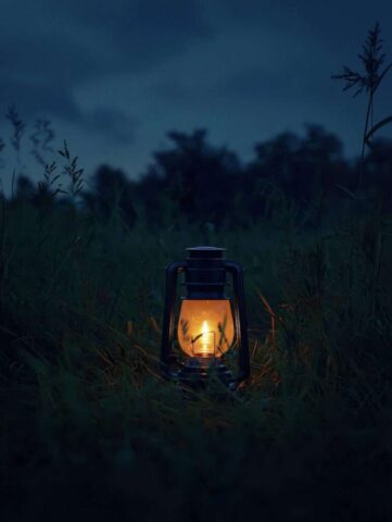 vintage lantern, twilight meadow, atmospheric night, rustic outdoors, campfire alternative, warm glow, nature silhouette, grass field, adventure lighting, nostalgic scene, rural evening, peaceful darkness, camping aesthetic, old-fashioned lamp, wilderness ambiance, moody landscape, night photography, off-grid living, country tranquility, soft illumination, outdoor exploration, dusk scenery, solitary light, ai generated