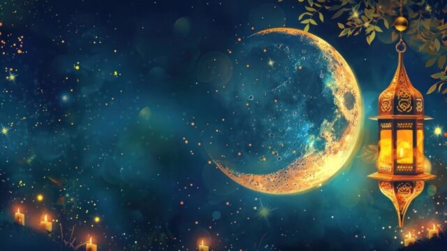 Photo by Cocodillaa.com ai generated, ramadan, eid, mubarak, kareem, moon, blue, night, lantern, crescents, greeting, calligraphy, concept, nature, card, muslim, table, mosque, design, lamp, arab, holiday, wallpapers, night sky, background, sky