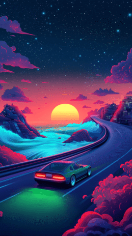 ai generated, synthwave, neon, sunset, retro wave, futuristic city, cyberpunk road, neon clouds, 80s aesthetic, night drive, vibrant sky, retro future, fantasy, landscape, digital art, vaporwave style