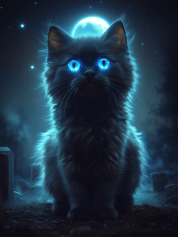generated, black cat, glowing eyes, moonlit night, mystical cemetery, eerie atmosphere, supernatural feline, full moon, night photography, enchanted cat, spooky scene, halloween vibe, magical feline, moonlight glow, gothic aesthetic, mysterious animal, dark fantasy, cat silhouette, paranormal atmosphere, night sky, ethereal glow, haunting beauty, nocturnal mystery, feline magic