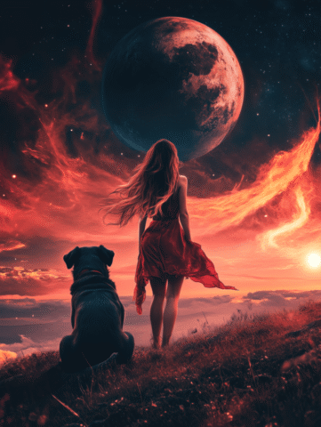 surreal, woman, cosmic, animal, red planet, galaxy, dog, pet, fire, sky, night, space, night sky, landscape, otherworldly, fantasy, stars, universe, dramatic, 4k, scenic, nature, mystical, aesthetic, creative, artistic, ai generated