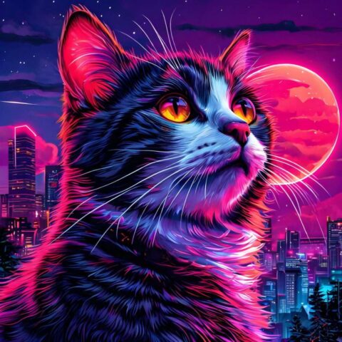 ai generated, pet, cat, moon, retro, 1980s, cyberpunk, neon, electronic, animal, aesthetic, vintage, futuristic, digital art, synthwave art, retro future, cyber art, neon lights, pixel art, synthwave style, cyber art style, neon colors, retro graphics, neon art