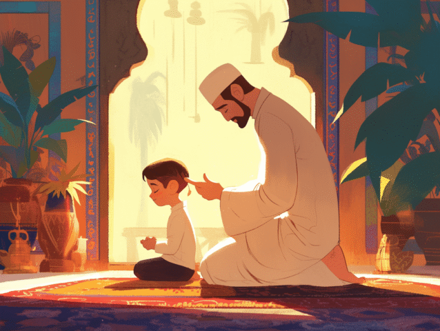 Photo by Cocodillaa.com muslim family, muslim father, son, prayer, salat, islamic prayer, muslim home, ramadan, eid, family, islam, muslim, religion, culture, art, drawing, cartoon, father and son, islamic art, digital illustration, peaceful, worship, spirituality, ai generated
