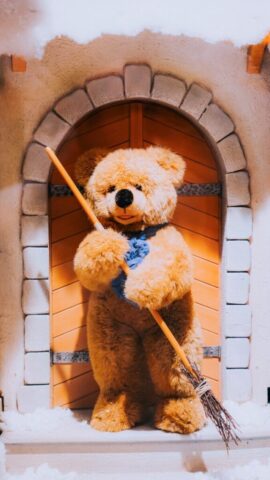 Photo by Cocodillaa.com A teddy bear holding a broom in front of a brick oven