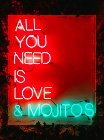 Photo by Cocodillaa.com red and green all you need is love and mojitos neon sign