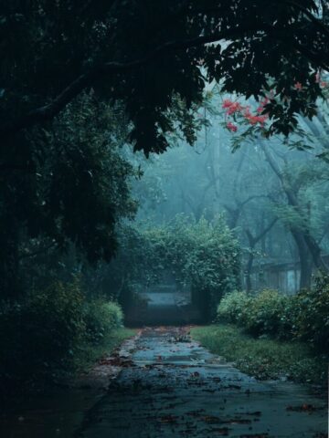 Photo by Cocodillaa.com a wet road in the middle of a forest