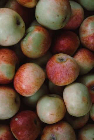 red and green apples on white plastic container