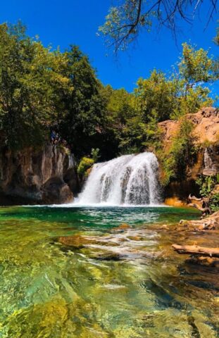waterfalls near green trees under blue sky during daytime