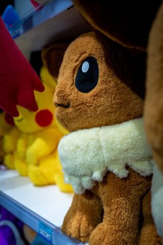 Photo by Cocodillaa.com Brown eevee plush toy with large eyes on-shelf eyes