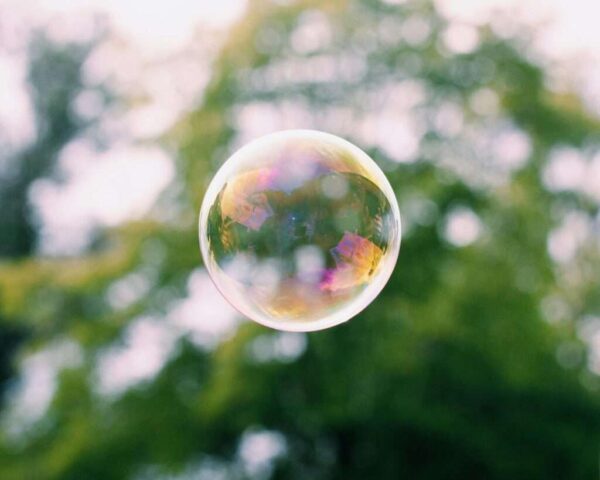 Photo by Cocodillaa.com a close up of a soap bubble with trees in the background