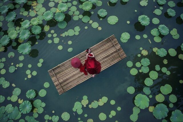 vietnamese girl, asian woman, lotus flower, river, nature, water, bamboo raft