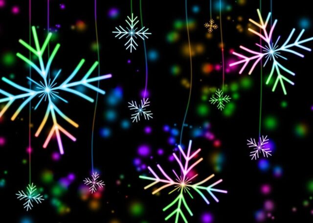 snowflakes, lights, background, snow, winter, christmas, holiday, december, cold, decoration, pattern, nature, colorful, ornament, xmas