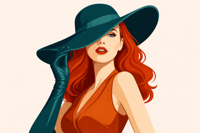 woman, girl, fashion, style, red hair, green hat, long glove, elegance, glamour, portrait, beauty, vector flat, minimal, modern, stock-ready, confident, attractive, trendy, chic, studio background, model, luxury, fashion illustration, ai generated