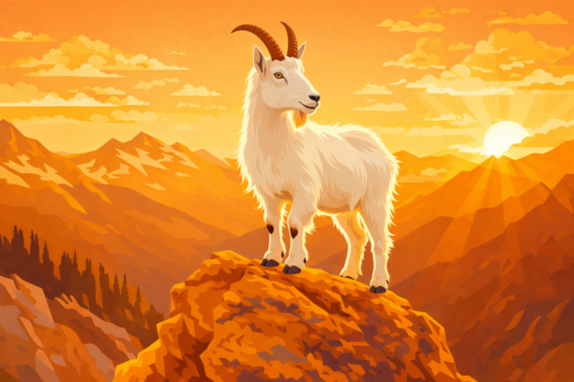mountain goat, alpine goat, horned goat, wild goat, mountain wildlife, standing on rock, proud stance, serene nature, majestic animal, alpine landscape, mountain peak, sunrise mountains, golden sunset sky, wilderness scenery, high altitude nature, minimal wildlife vector, modern stock art, clean flat design, digital illustration, editorial nature art, outdoor adventure theme, nature conservation visual, vector art 2027, ai generated