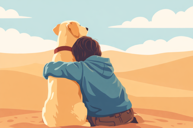 human animal bond, boy hugging dog, friendship concept, loyalty concept, companionship concept, emotional connection, pet love concept, trust relationship, unconditional love, friendship bond, boy and dog, peaceful moment, solitude concept, support and comfort, emotional wellbeing, vector illustration, flat design illustration, minimal vector art, modern editorial style, clean vector shapes, geometric illustration, digital illustration, contemporary vector, stock illustration, ai generated