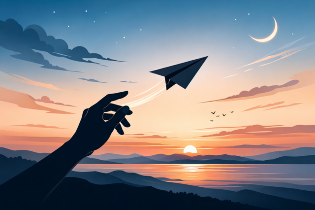 paper airplane, hand throwing, freedom concept, dream and aspiration, imagination, childhood memory, minimal landscape, sunset sky, flying object, symbolic journey, hope and future, calm atmosphere, horizon view, evening scene, silhouette hand, creative concept, simple life, poetic scene, vector flat, flat illustration, modern stock art, clean shapes, minimal design, soft gradient sky, ai generated