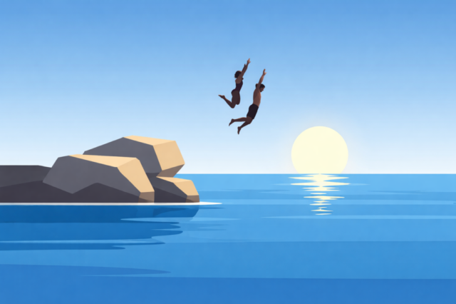 jump, sea, sunset, couple, diving, freedom, summer, ocean, cliff, nature, adventure, minimal, vector flat, lifestyle, vacation, travel, calm, horizon, water, relaxation, ai generated