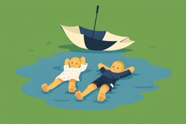 children, puddle, umbrella, broken, play, resilience, imagination, childhood, fun, rain, nature, water, joy, creativity, adaptation, carefree, outdoor, lifestyle, concept, minimal, flat design, happiness, simple life, ai generated