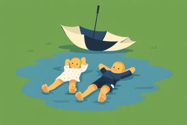 children, puddle, umbrella, broken, play, resilience, imagination, childhood, fun, rain, nature, water, joy, creativity, adaptation, carefree, outdoor, lifestyle, concept, minimal, flat design, happiness, simple life, ai generated