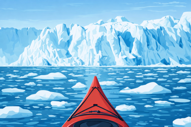 kayak, glacier, arctic, ice, landscape, adventure, travel, nature, exploration, cold, sea, iceberg, climate change, environment, extreme, wilderness, water, outdoor, minimal, perspective, flat design, modern, scenic, ai generated