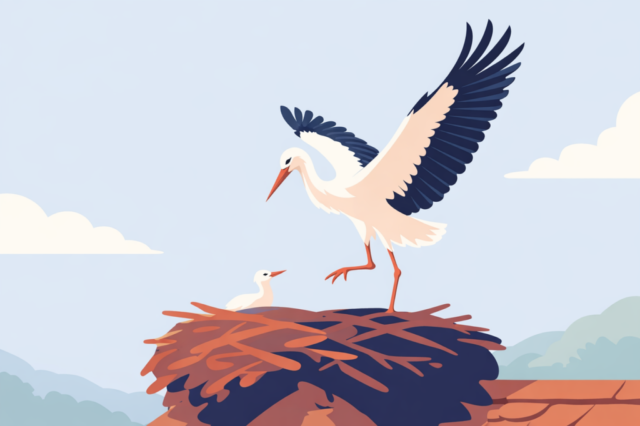 stork, nest, bird, chick, baby bird, wildlife, nature, animal, parenting, motherhood, family, spring, new life, growth, care, protection, countryside, rural, sky, flying, landing, flat design, minimal, ai generated